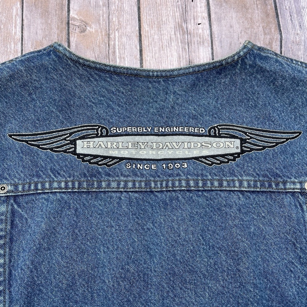 Vintage Harley Davidson Motorcycle Vest L Trucker Denim Jean Sleeveless Jacket - Picture 9 of 10